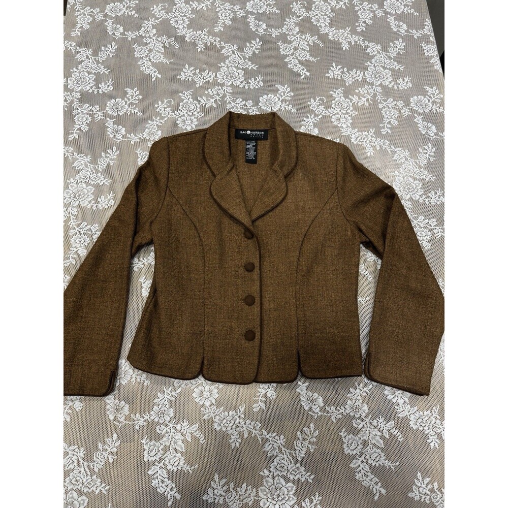 Sag Harbor Women's Brown Button Front Blazer Jacket Long Sleeve Petite 8P